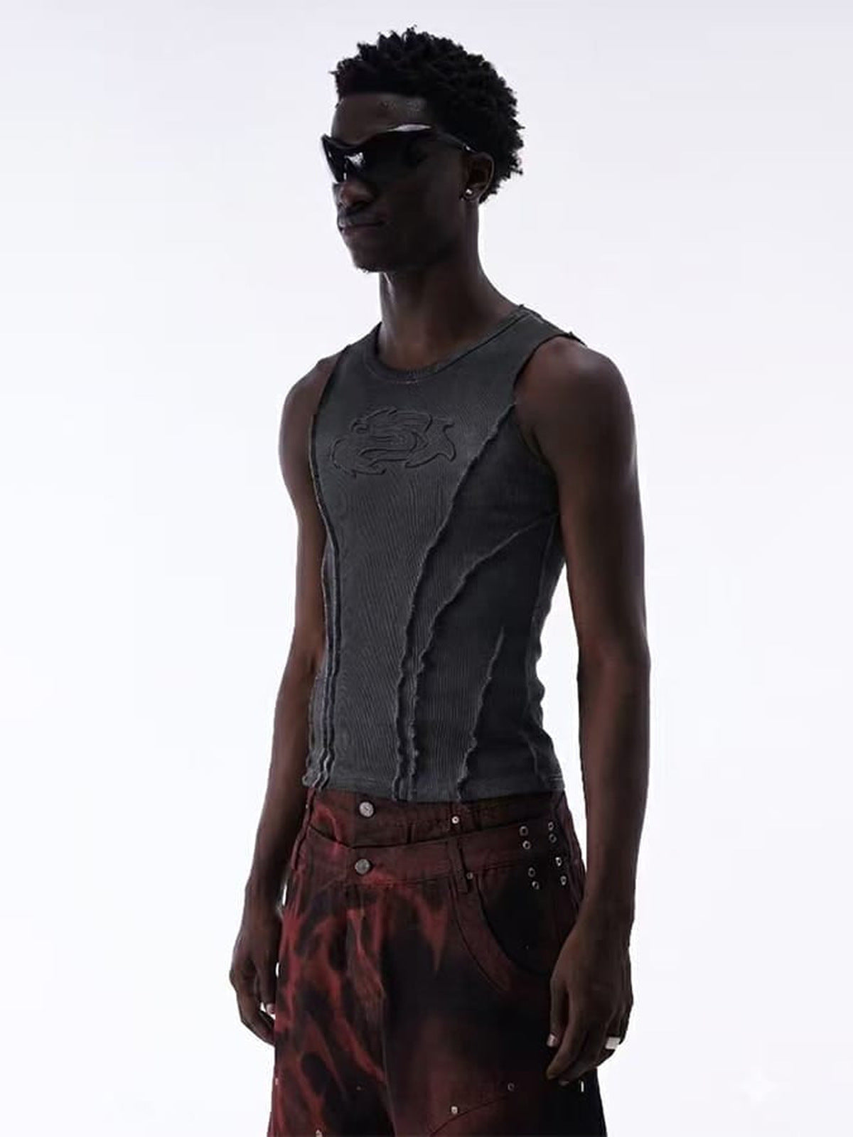 Washed Charcoal Ribbed Tank Top with Raw Seams – on model, side | XoKool