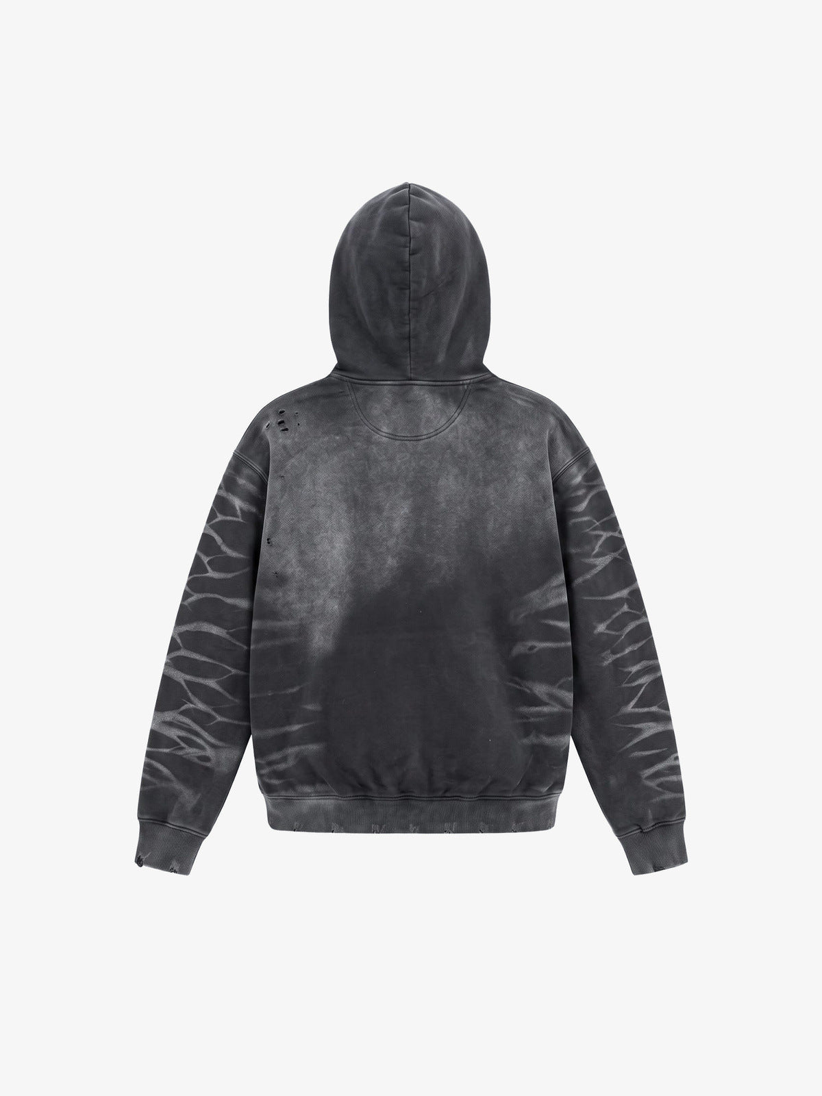 Hoodie roto en gris carbón con efecto lavado y mangas de rayas de tigre – vista trasera | XoKool