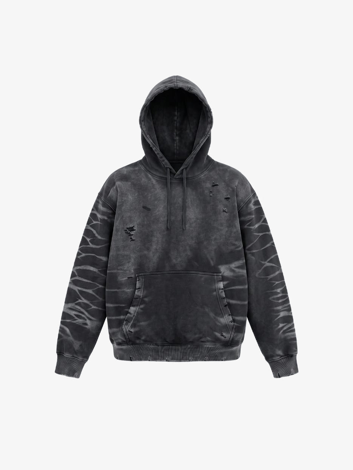 Washed Charcoal Ripped Hoodie mit Tiger-Stripe-Ärmeln – Charcoal, Vorderansicht | XoKool
