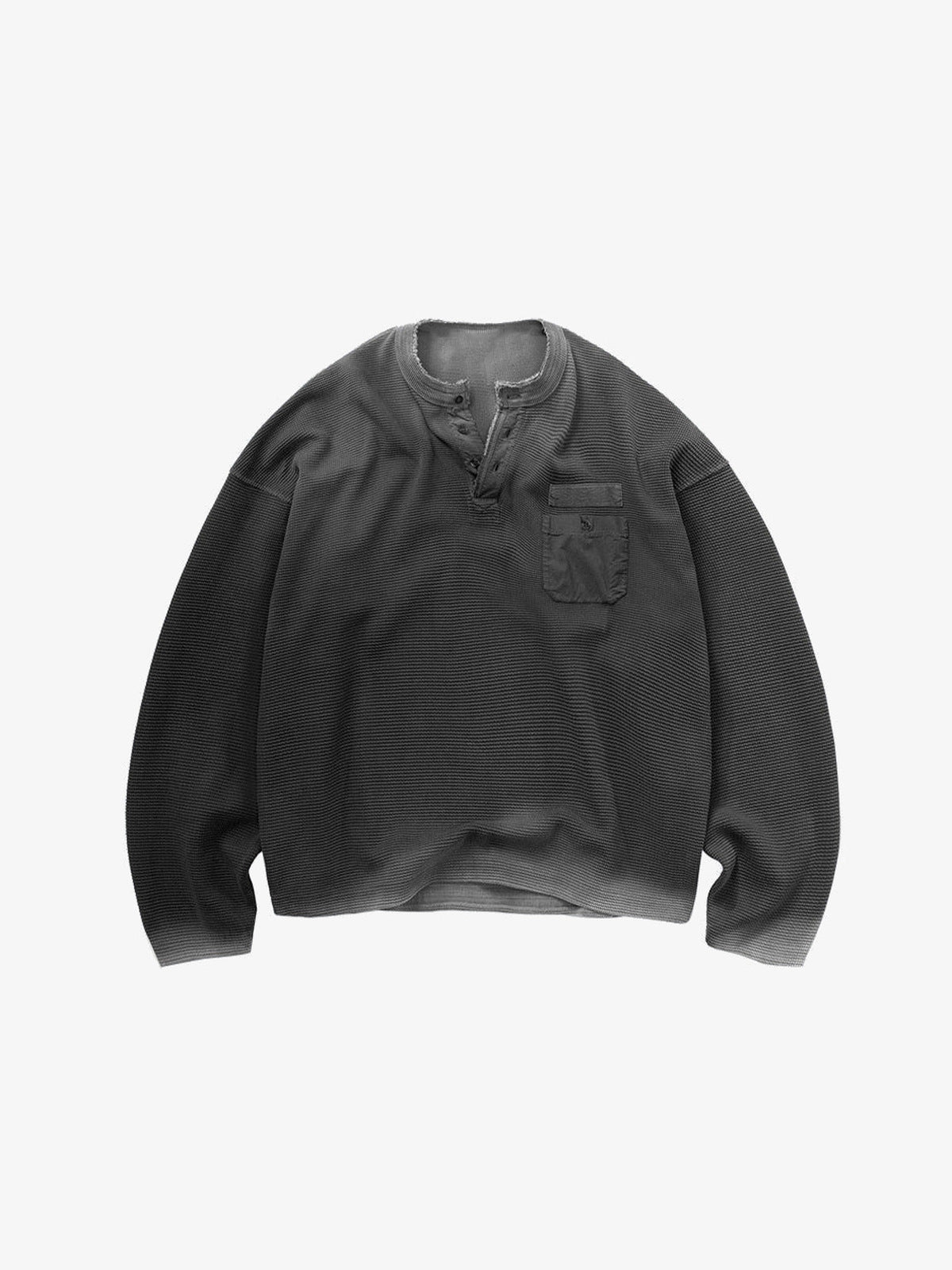 Washed Charcoal Waffelstrick Henley Oberteil – Anthrazit, Vorderseite flach | XoKool