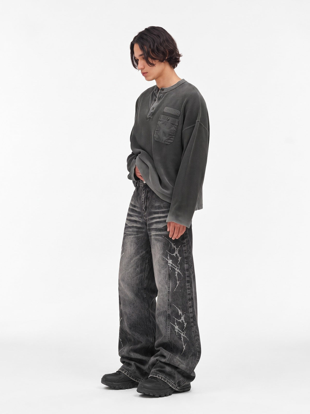 Washed Charcoal Waffle Knit Henley Top – on model, side full body | XoKool