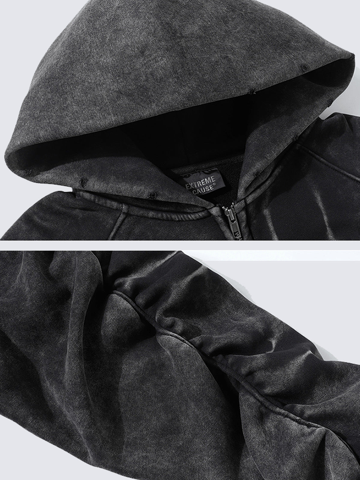 Hoodie con cierre y mangas fruncidas – detalle de la capucha y la manga | XoKool