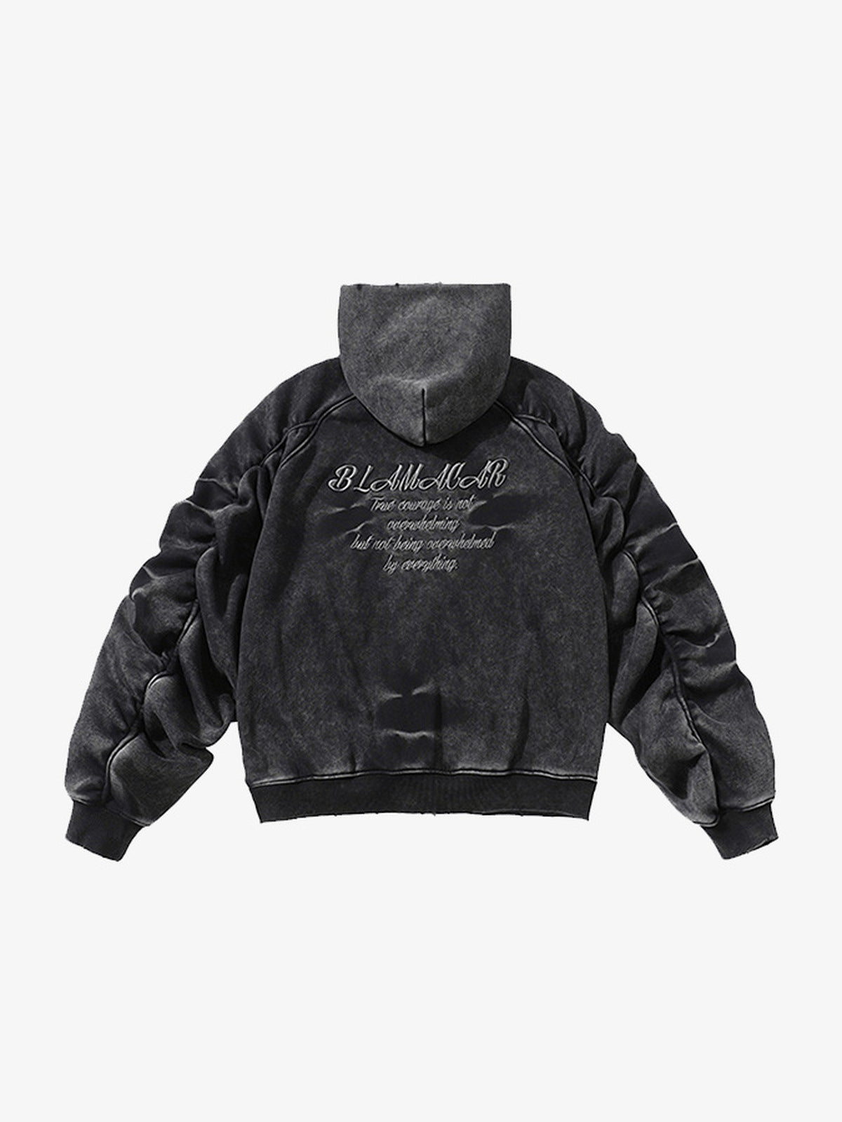 Hoodie corto con cierre y mangas fruncidas, efecto lavado – negro lavado, espalda en plano con bordado | XoKool