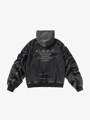 Hoodie corto con cierre y mangas fruncidas, efecto lavado – negro lavado, espalda en plano con bordado | XoKool