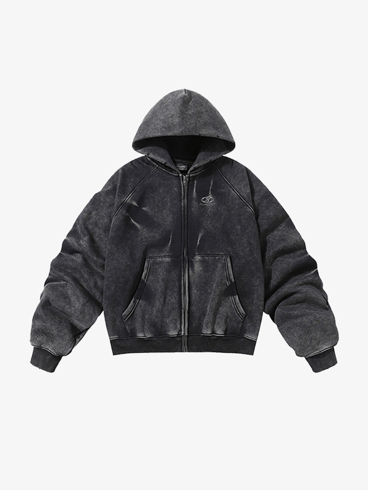 Washed Cropped Zip Hoodie mit gerafften Ärmeln – Washed Black, Vorderseite flach | XoKool