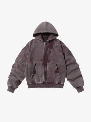 Hoodie corto con cierre y mangas fruncidas, efecto lavado – malva lavado, frente en plano | XoKool