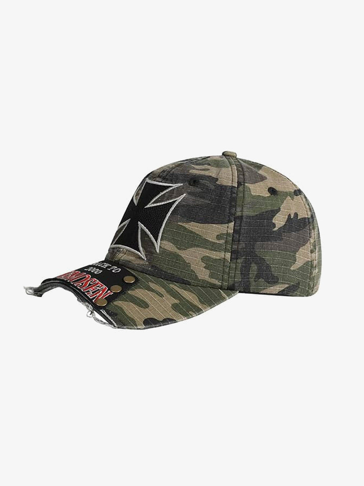 Washed Baseballcap mit Kreuz-Print und Nieten – Grün Camo, Schrägansicht | XoKool