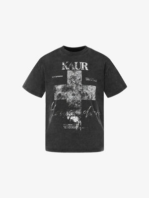 Washed Cross Graphic Tee in Black or Blue – Black, front flat | XoKool