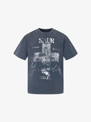 Washed Cross Graphic Tee in Black or Blue – Blue, front flat | XoKool
