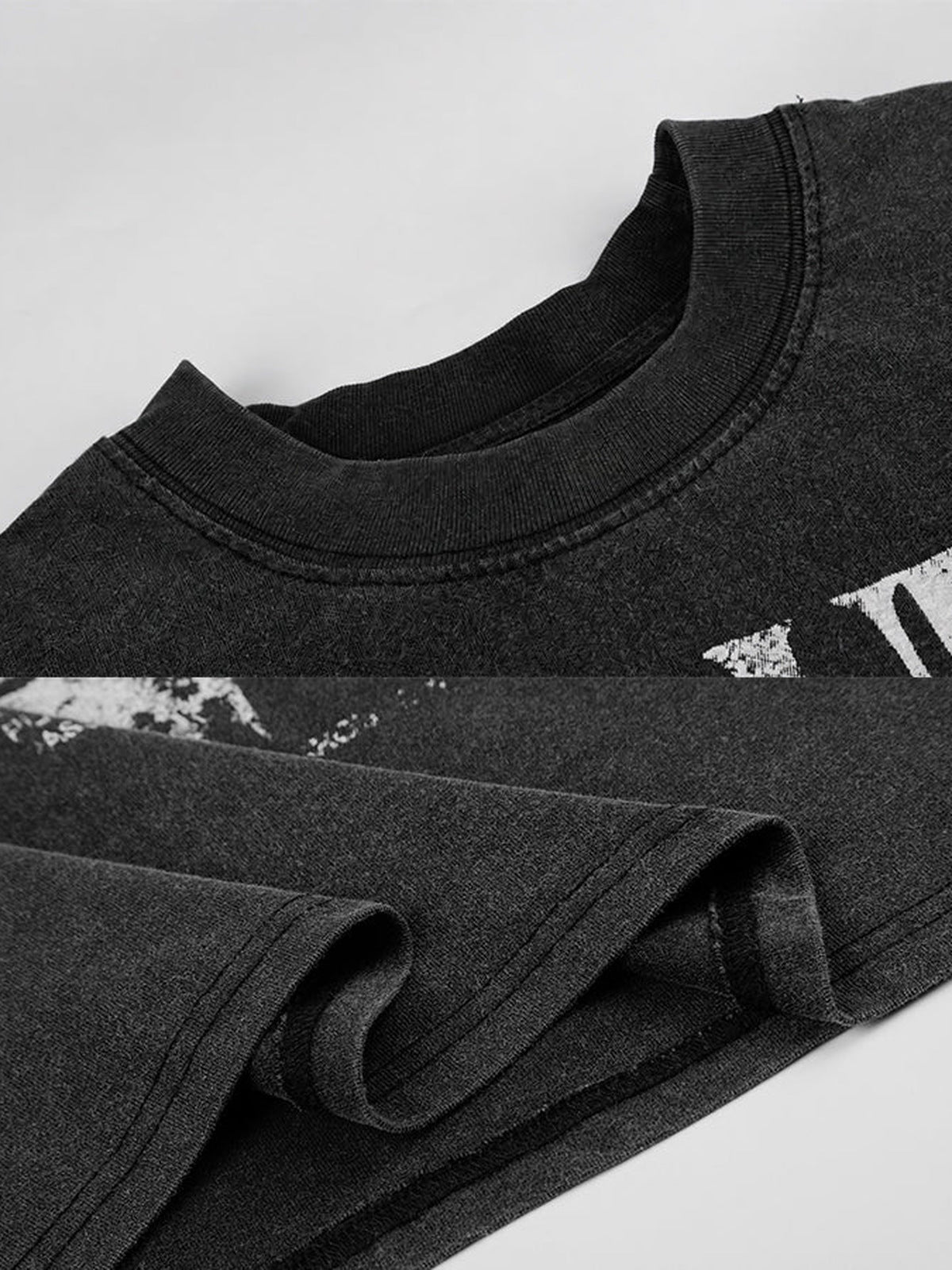 Washed cross tee – collar & hem close-up | XoKool