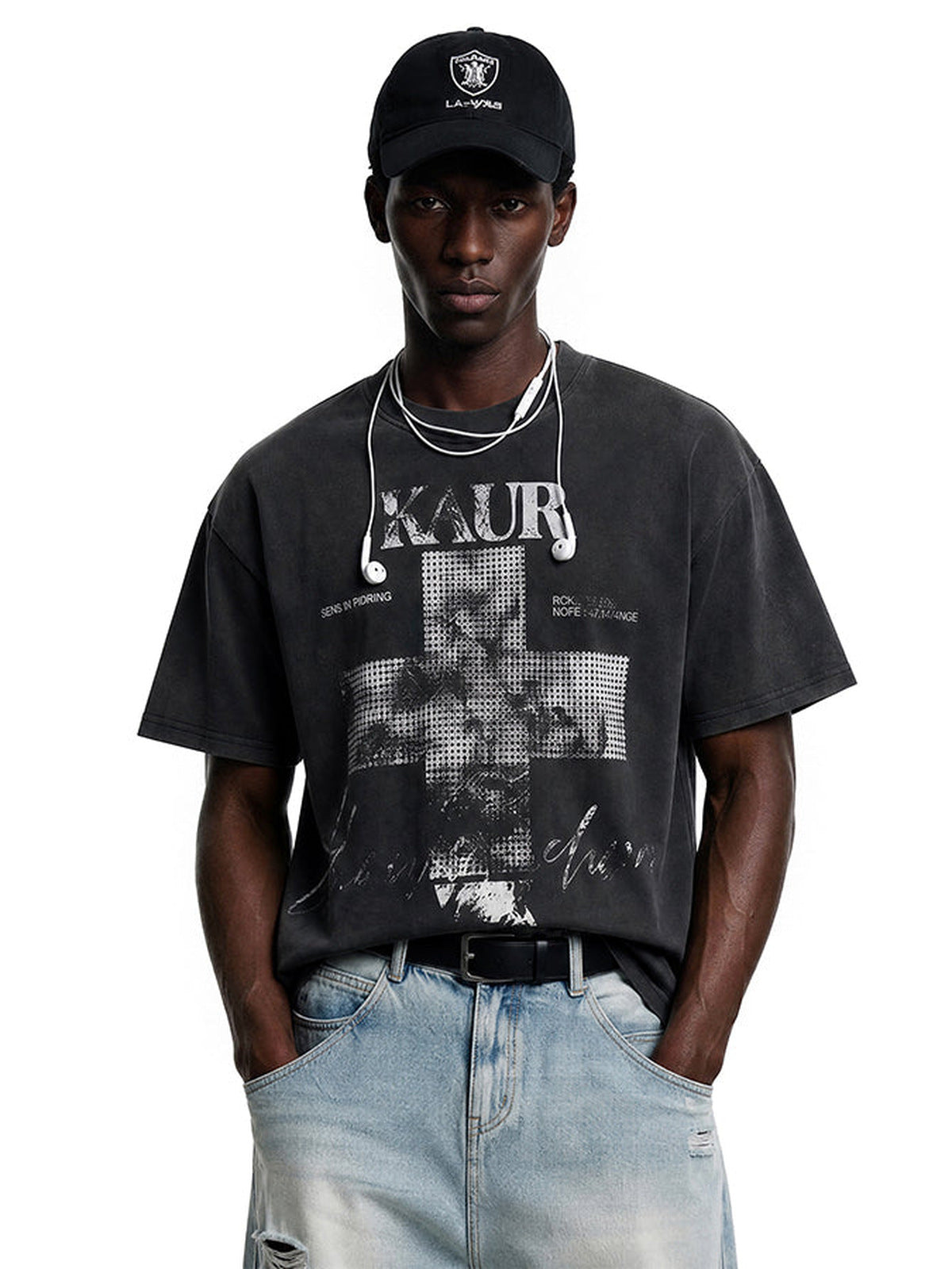 Washed cross tee – on model, black front | XoKool