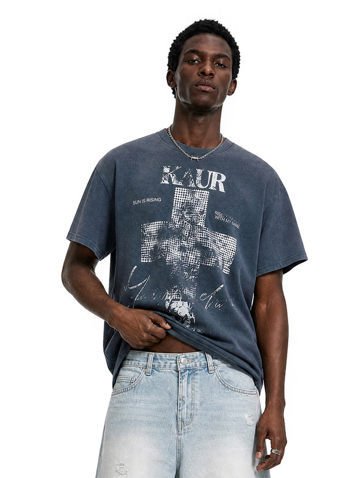 Washed cross tee – on model, blue front | XoKool