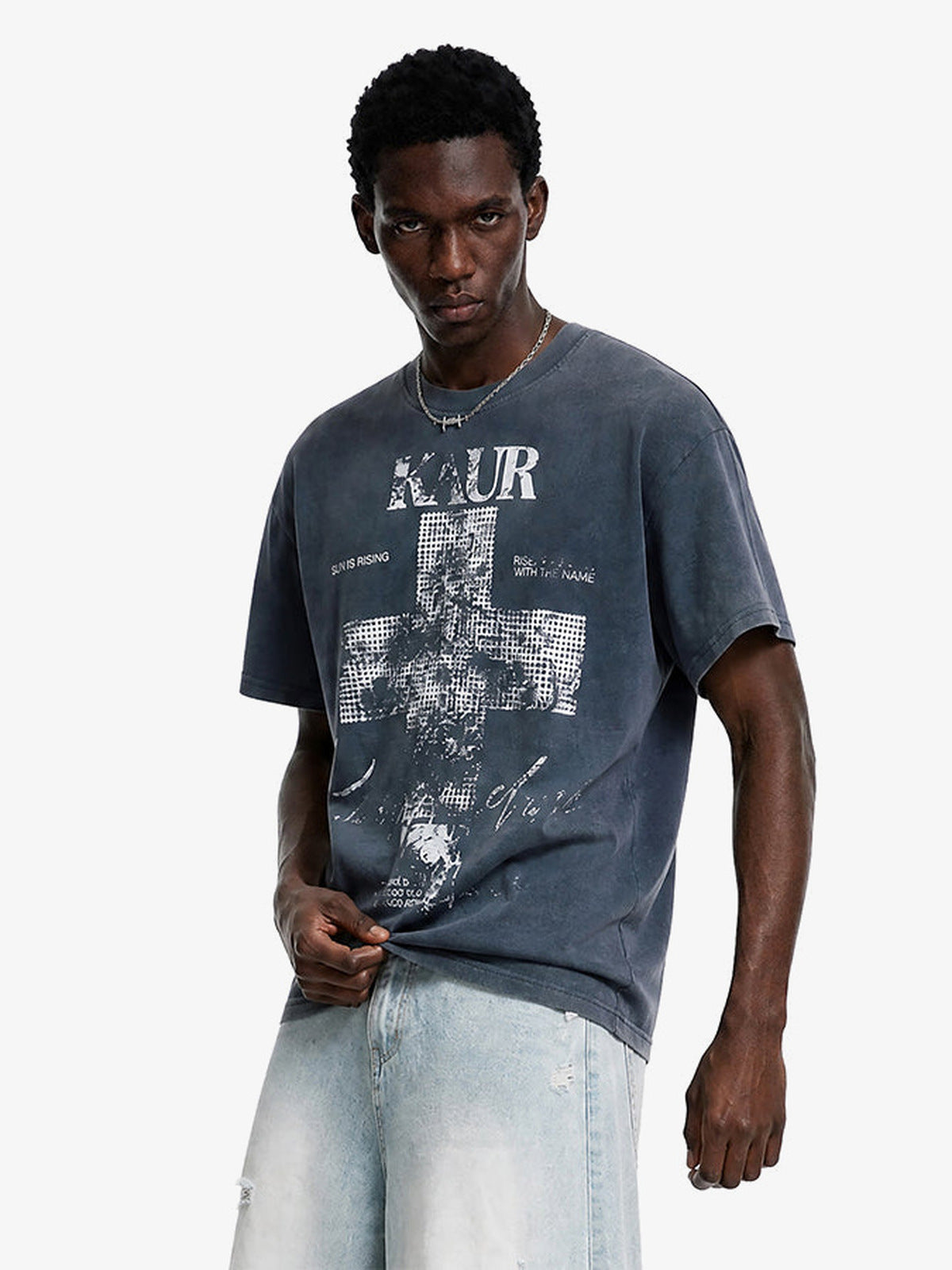 Washed Cross Graphic Tee in Black or Blue – on model, blue front | XoKool