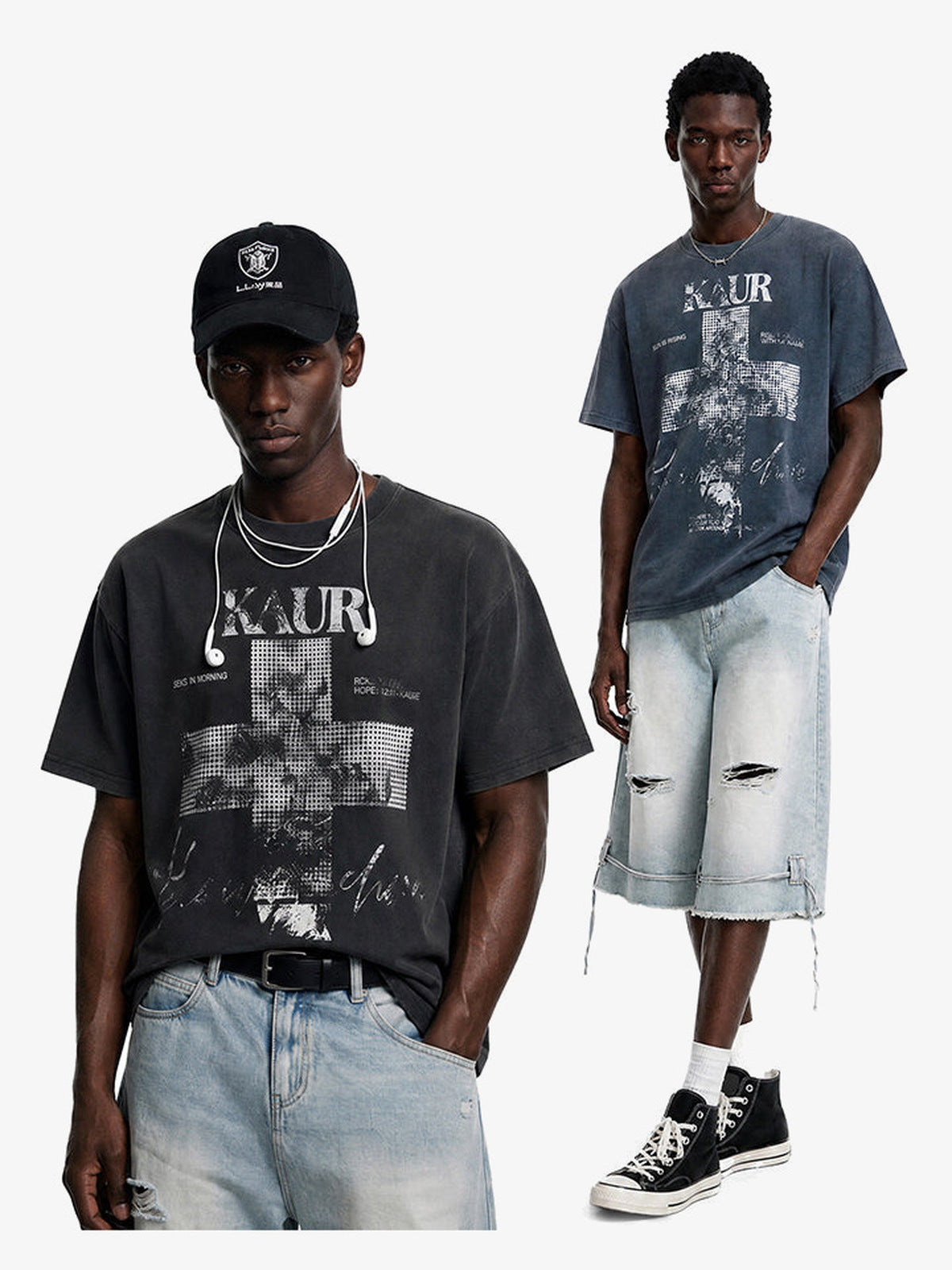 Washed Cross Graphic Tee in Black or Blue – on models, black and blue | XoKool