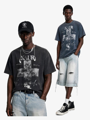 Washed Cross Graphic Tee in Black or Blue – on models, black and blue | XoKool