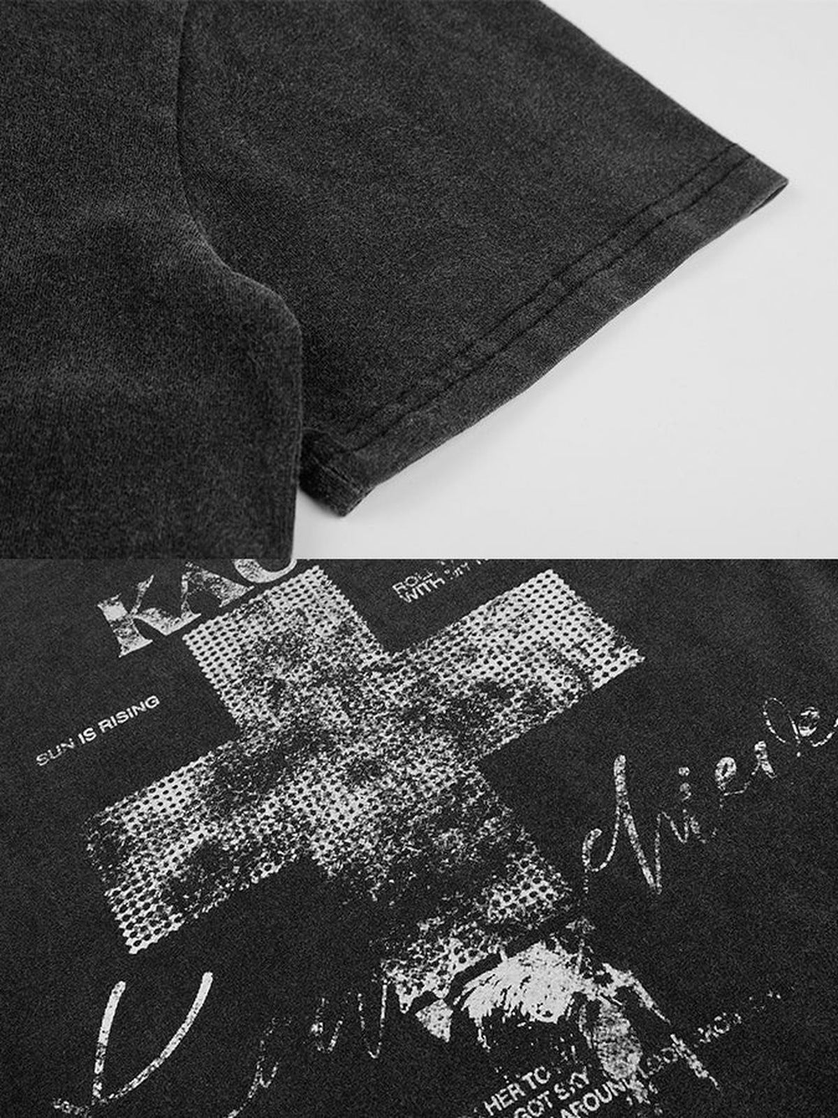 Washed cross tee – sleeve & graphic close-up | XoKool