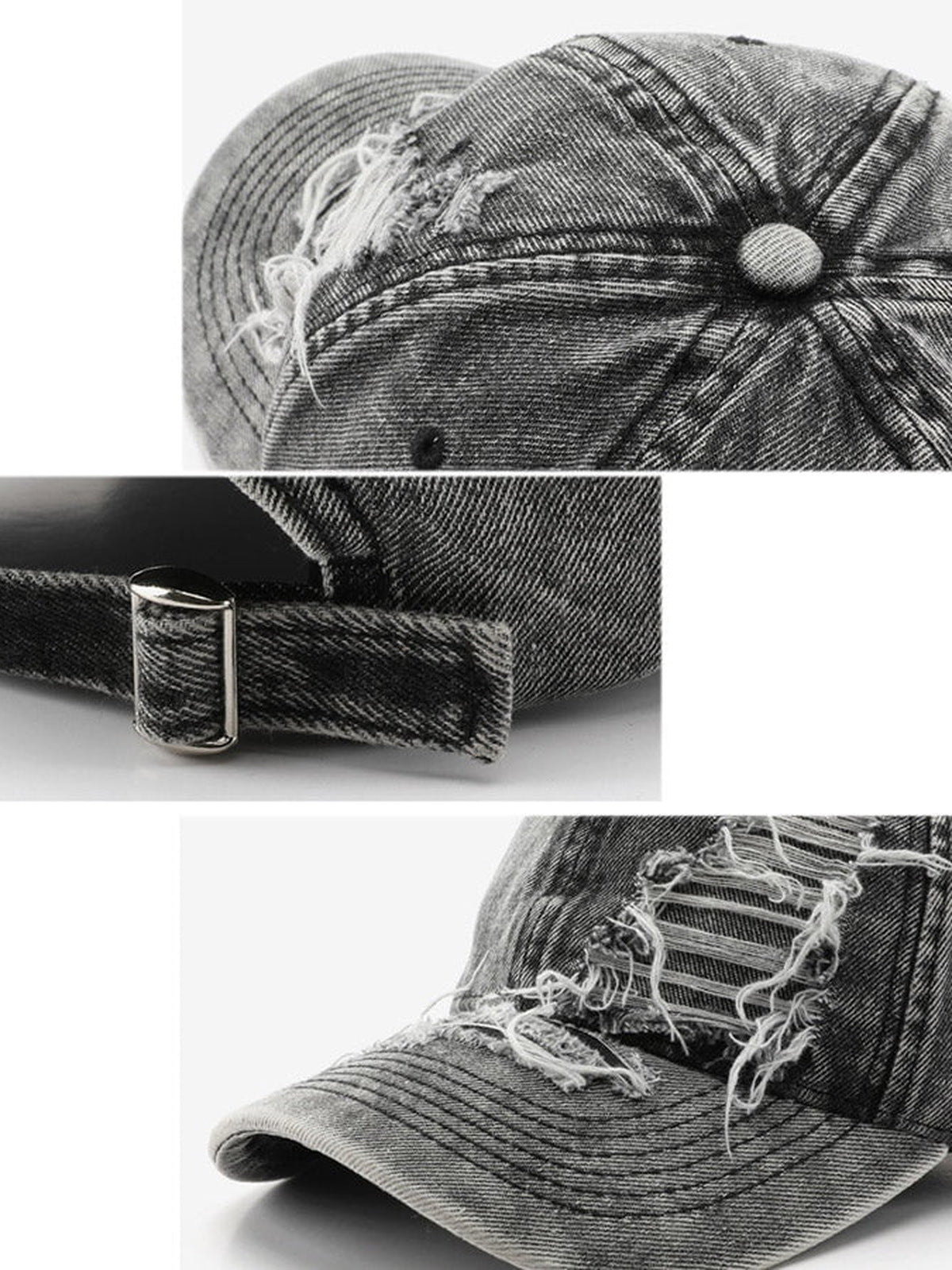 Washed cap – detail collage: crown, buckle, rip | XoKool