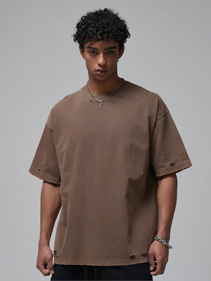 Washed Distressed Boxy Tee in Four Colors – on model, brown | XoKool