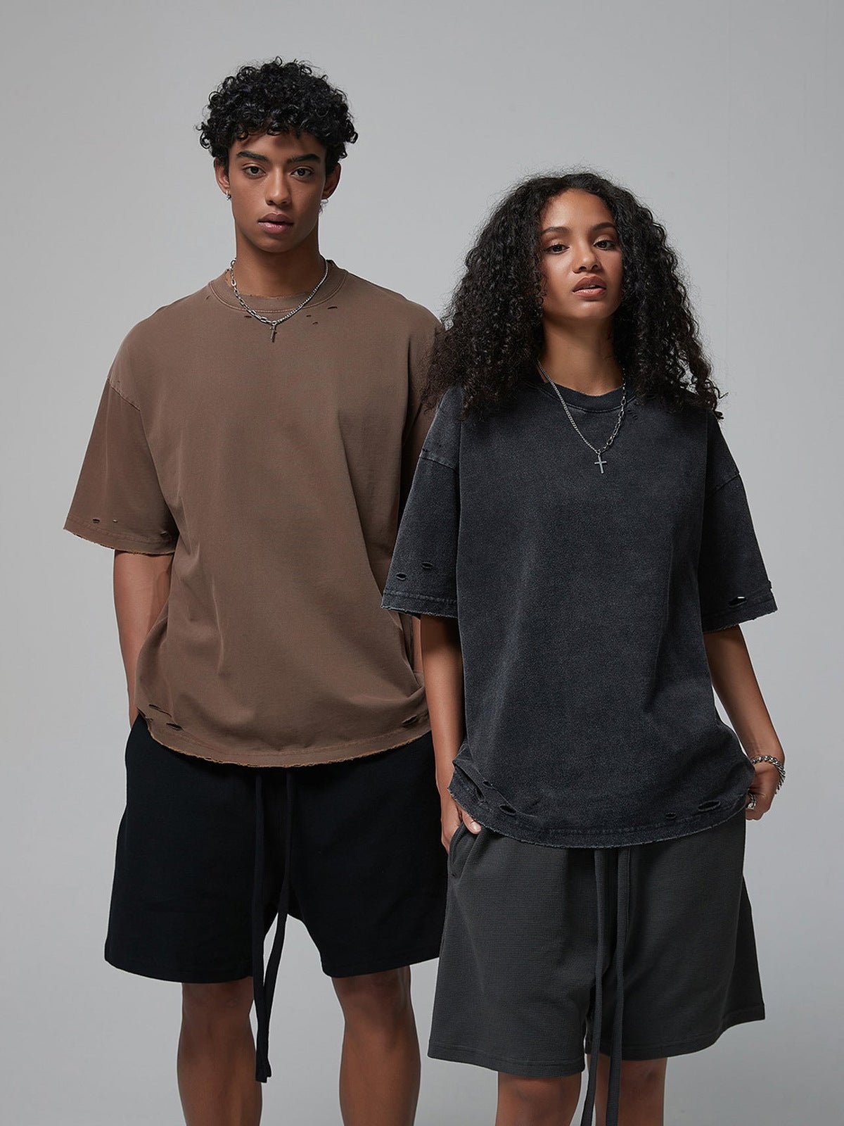 Washed Distressed Boxy Tee in Four Colors – on models, brown and black | XoKool