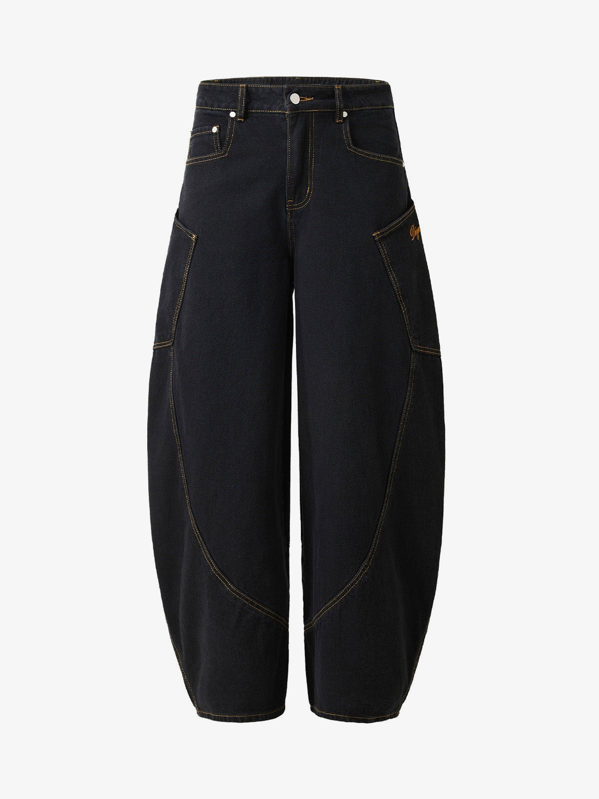 Black Barrel Jeans with Orange Contrast Stitching – Black, front view | XoKool