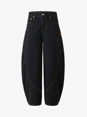Black Barrel Jeans with Orange Contrast Stitching – Black, front view | XoKool
