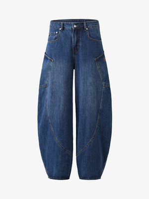 Black Barrel Jeans with Orange Contrast Stitching – Dark Blue, front view | XoKool