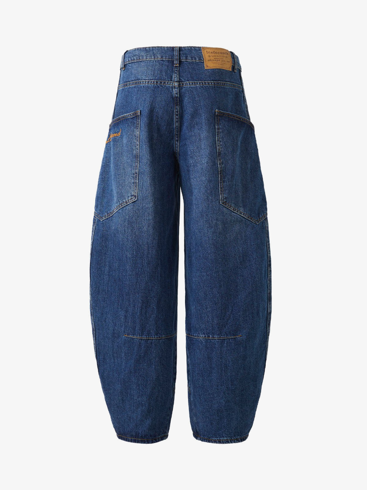 Black Barrel Jeans with Orange Contrast Stitching – Dark Blue, back view | XoKool