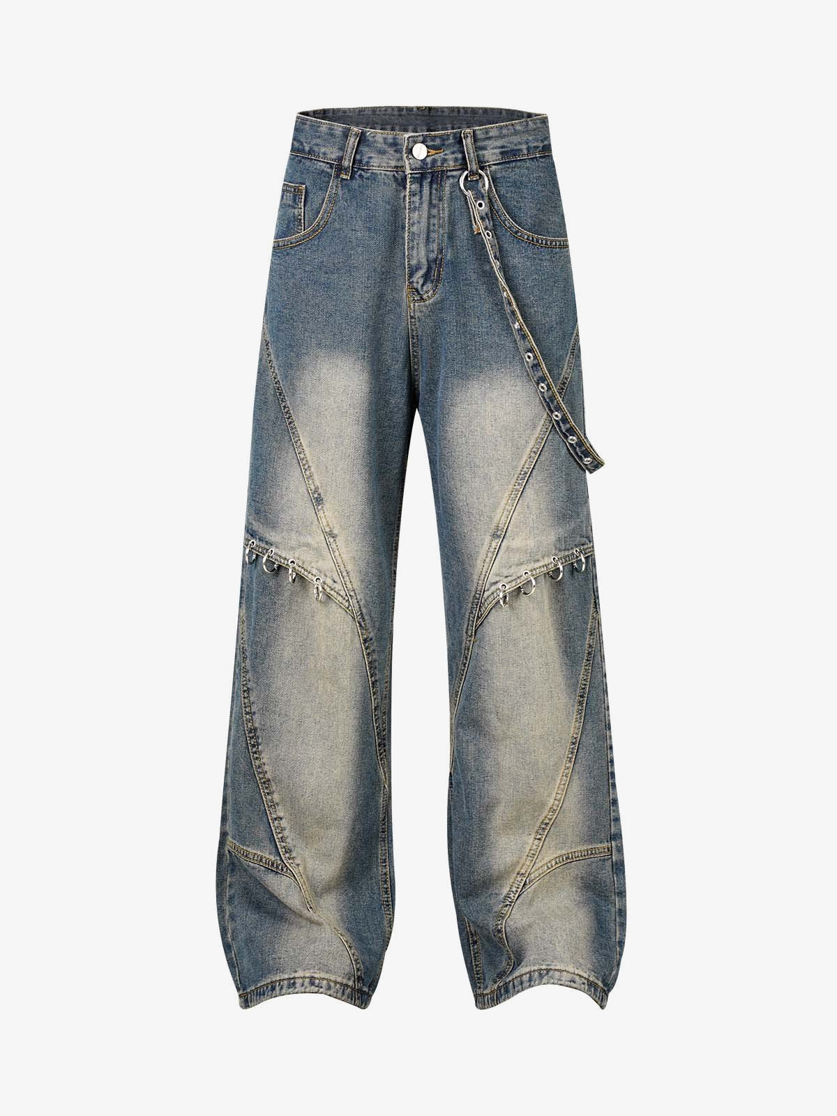 Vintage Baggy Jeans with Ring Strap Details – Blue, front flat | XoKool
