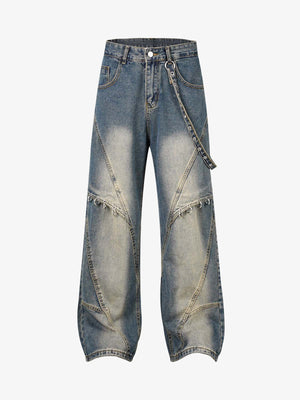 Vintage Baggy Jeans with Ring Strap Details – Blue, front flat | XoKool