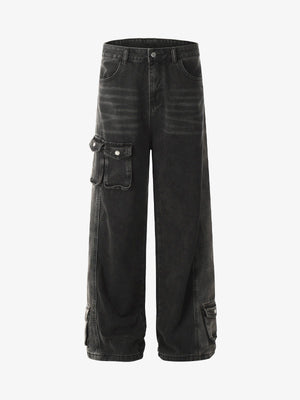 Washed Black Straight Leg Cargo Jeans – Front flat | XoKool
