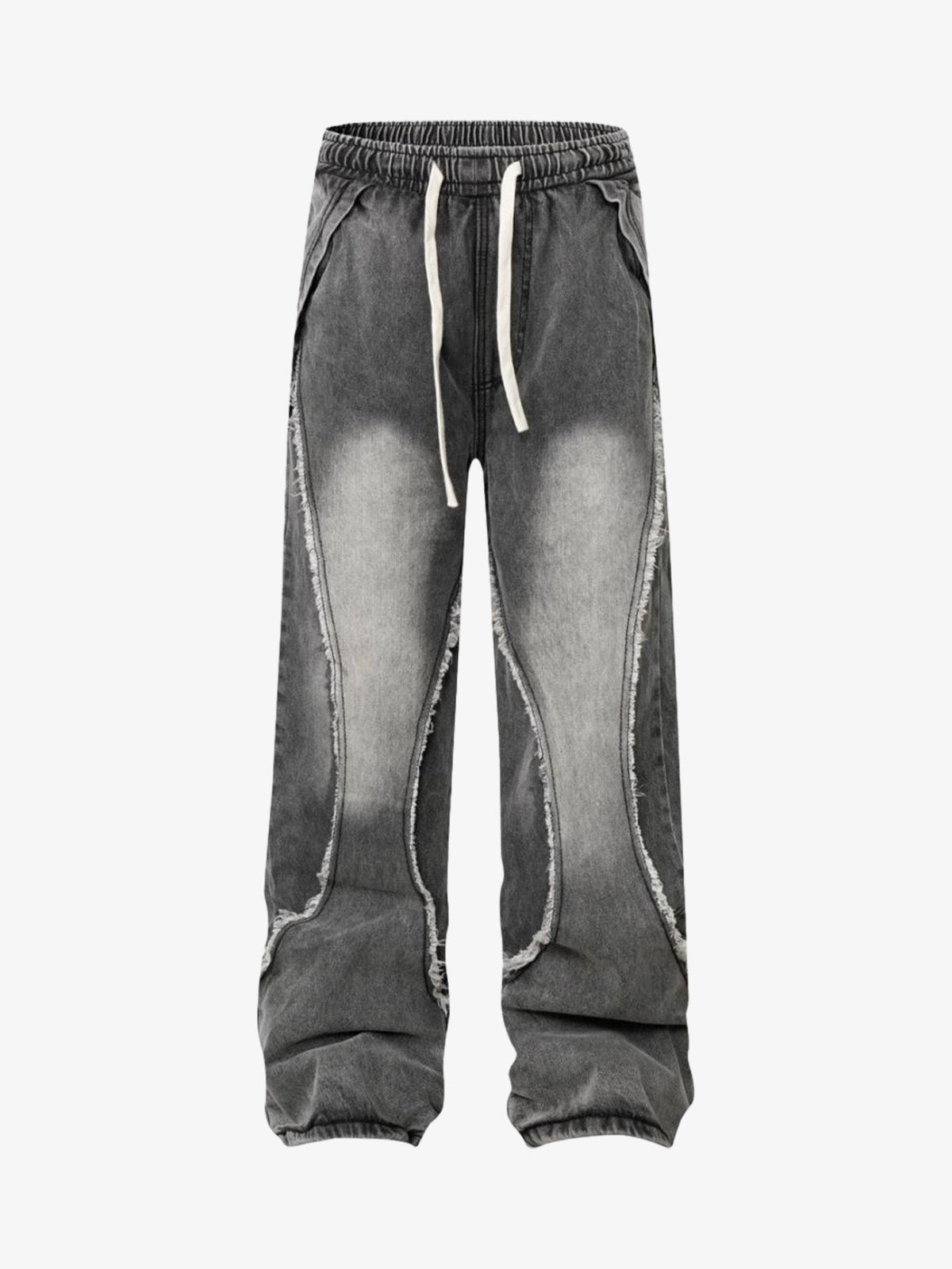 Raw Edge Drawstring Jeans in Black or Grey – Grey, front view | XoKool