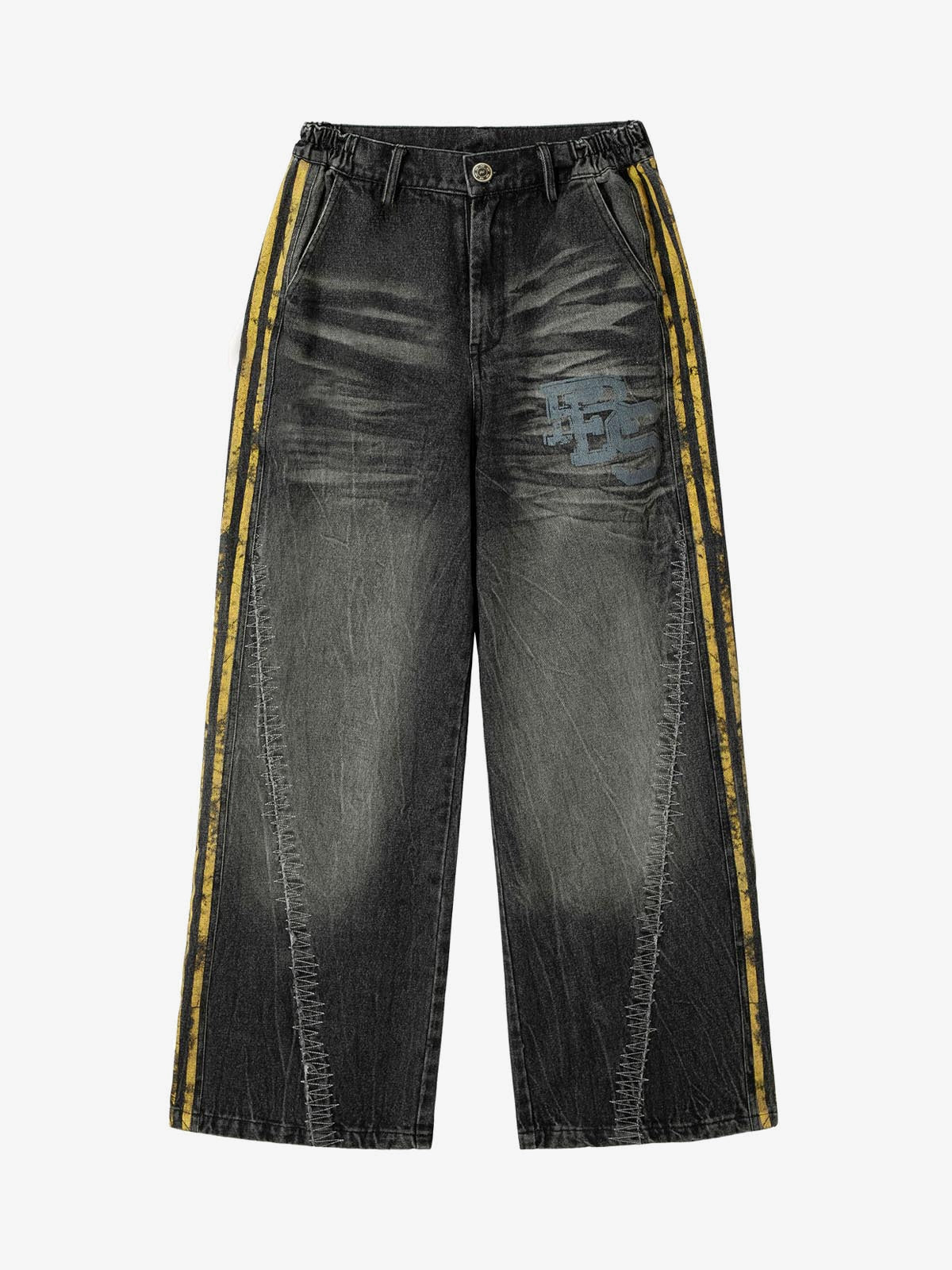 Washed Black Jeans with Yellow Side Stripes – Black, front flat | XoKool