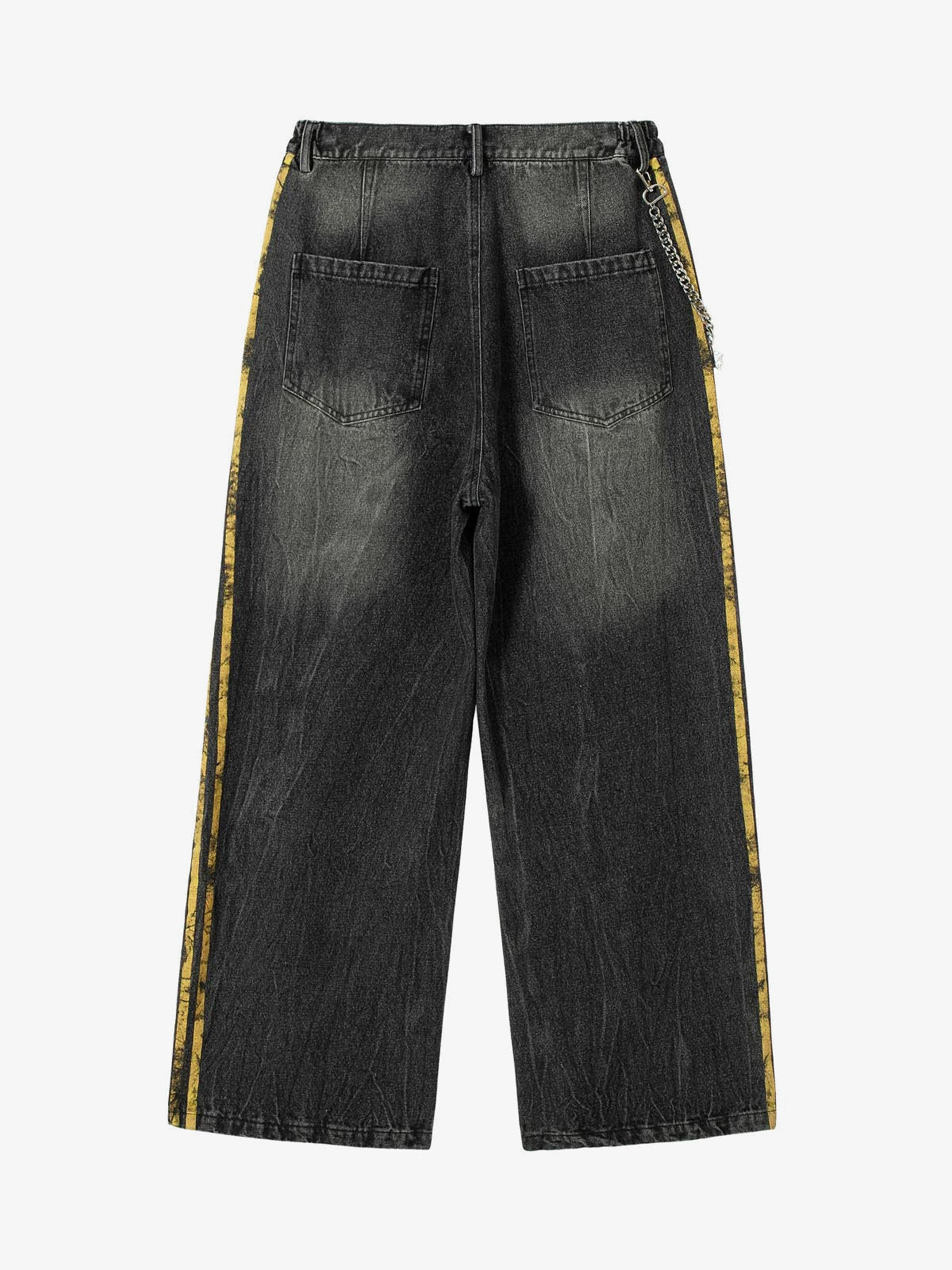 Washed Black Jeans with Yellow Side Stripes – back flat | XoKool