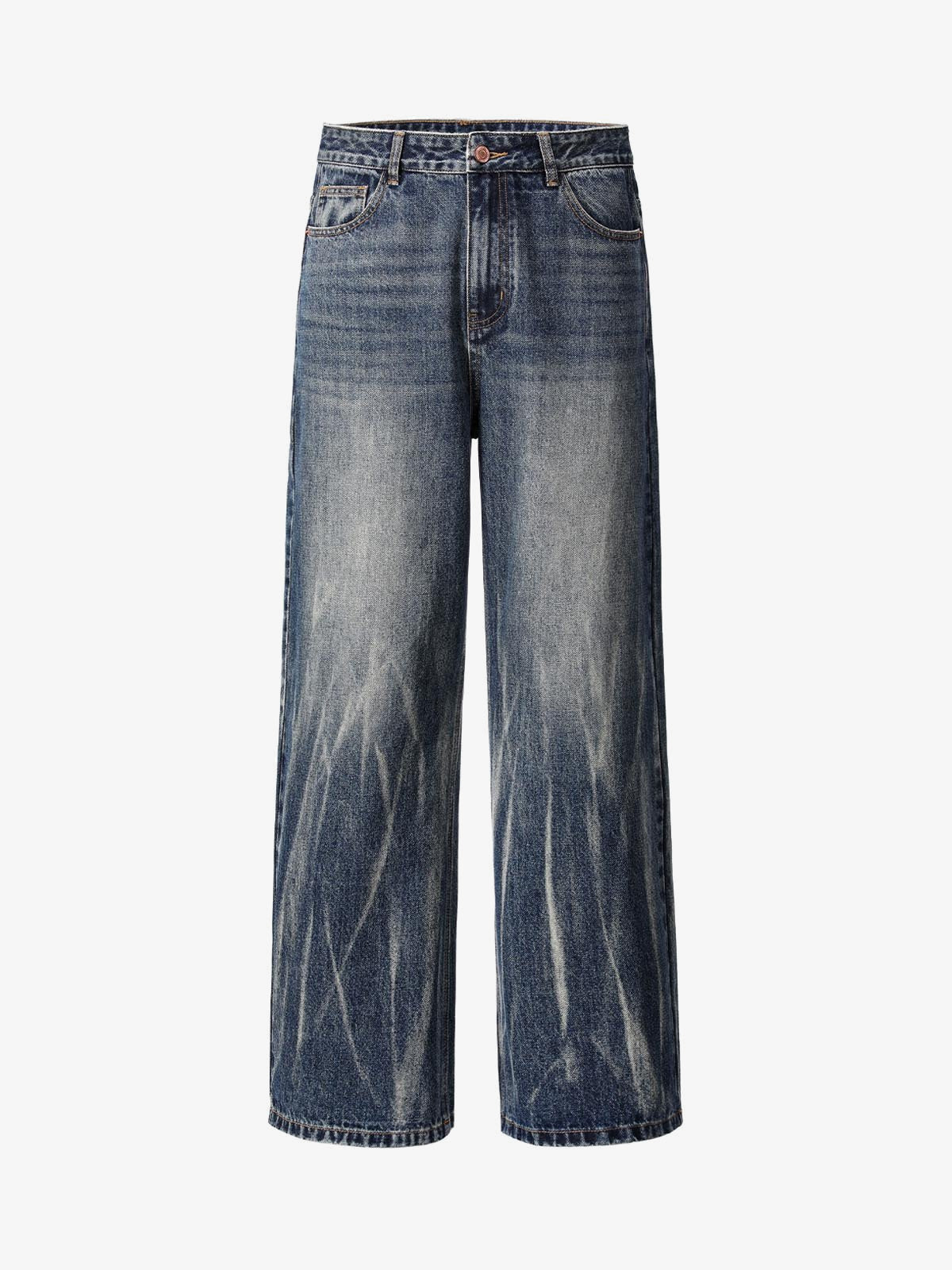 Vintage Wash Wide Straight Jeans with Bleach Streaks – Blue, front view | XoKool