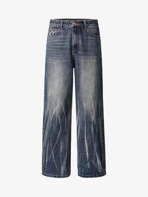 Vintage Wash Wide Straight Jeans with Bleach Streaks – Blue, front view | XoKool
