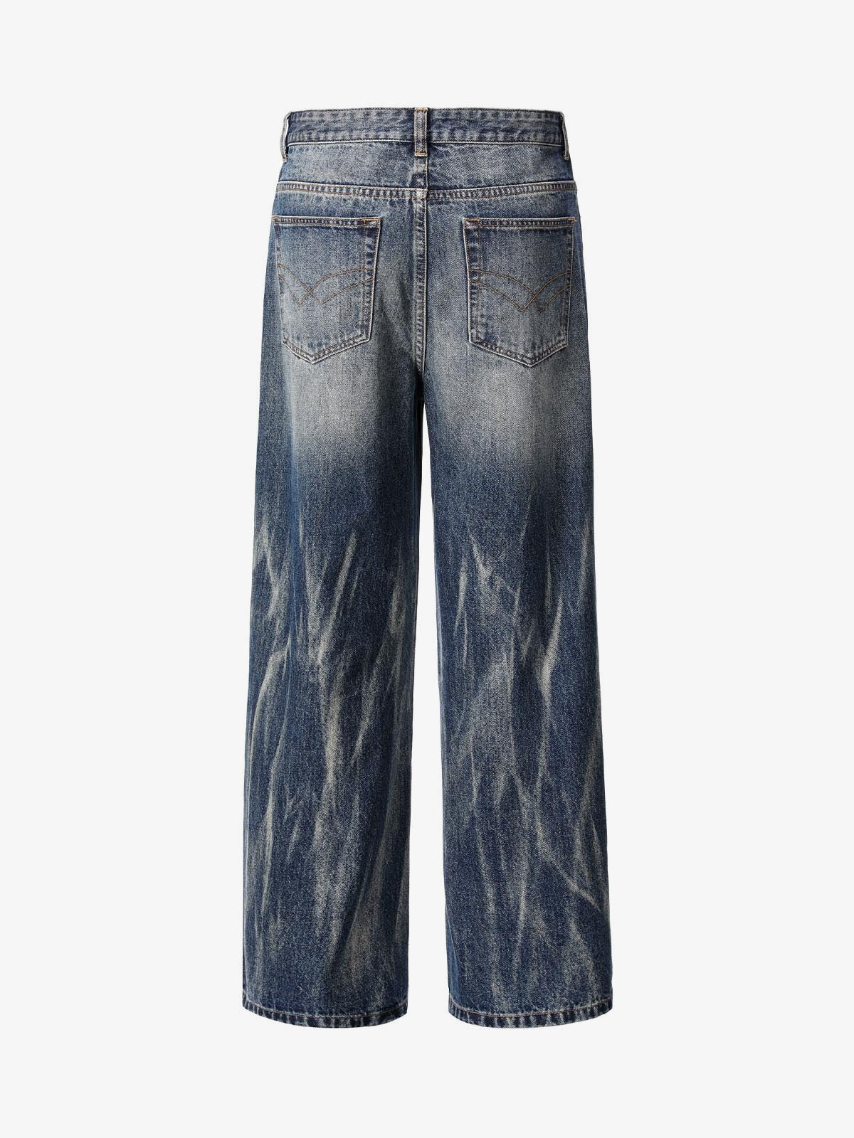 Vintage Wash Wide Straight Jeans with Bleach Streaks – back view | XoKool