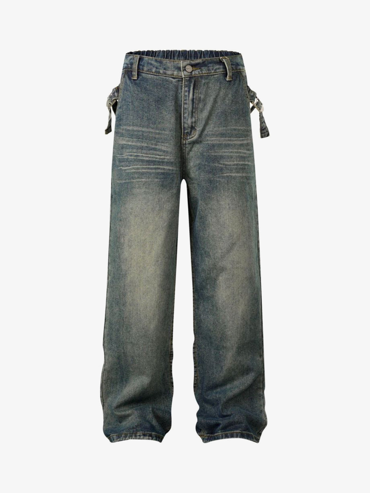 Relaxed Straight Jeans with Side Buckle Tabs – Vintage Blue, front view | XoKool