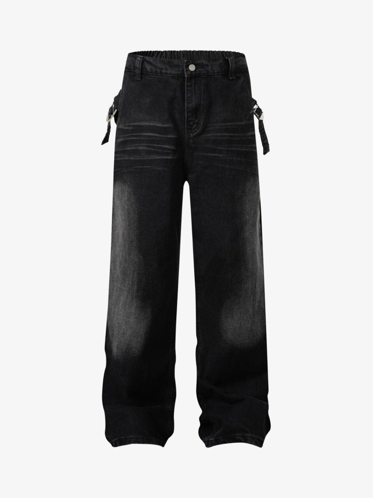 Relaxed Straight Jeans with Side Buckle Tabs – Washed Black, front view | XoKool