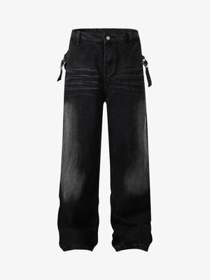 Relaxed Straight Jeans with Side Buckle Tabs – Washed Black, front view | XoKool