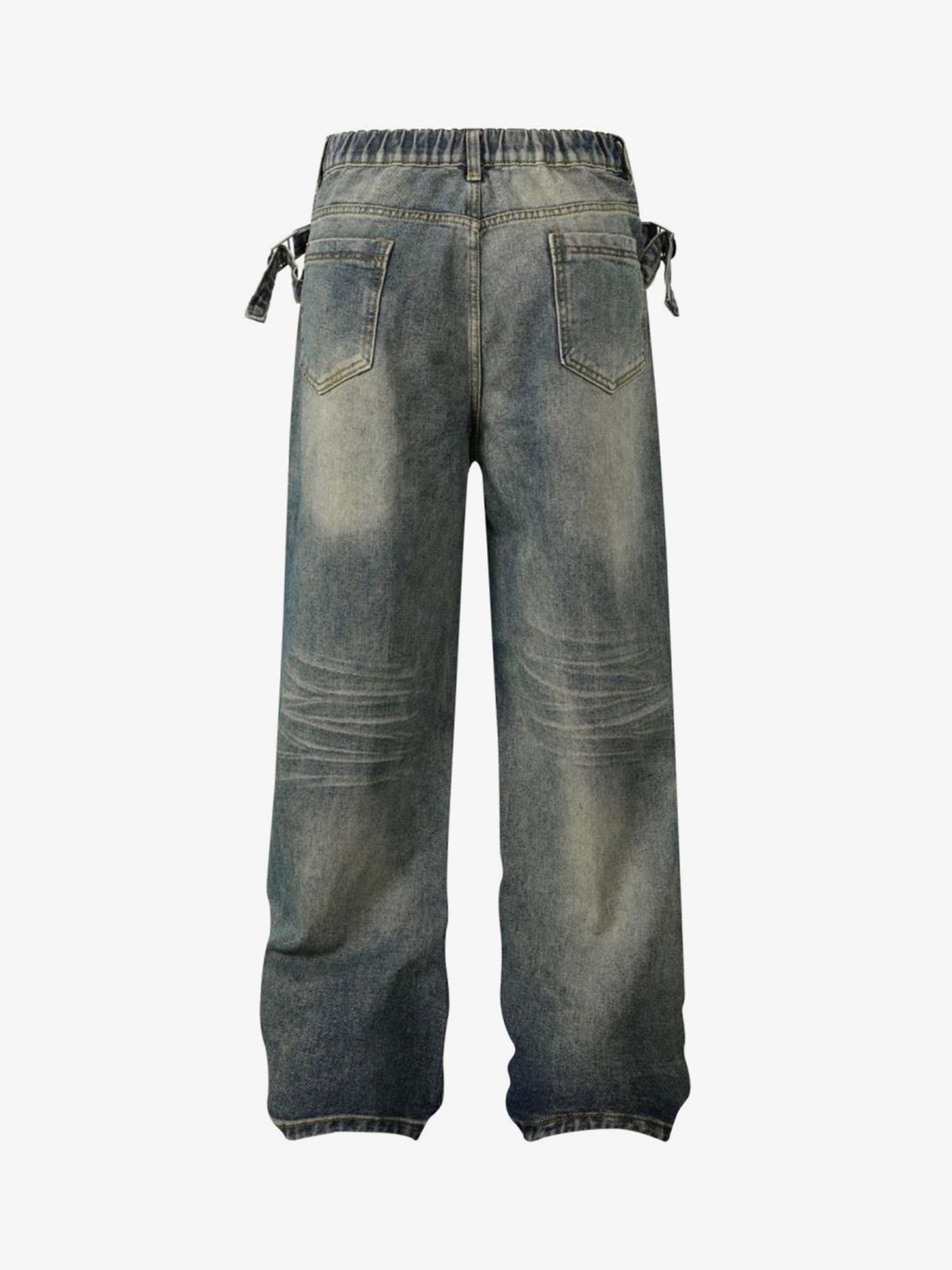 Relaxed Straight Jeans with Side Buckle Tabs – Vintage Blue, back view | XoKool