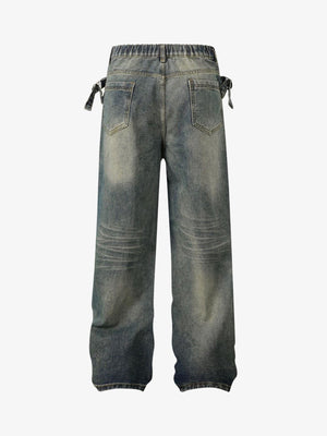 Relaxed Straight Jeans with Side Buckle Tabs – Vintage Blue, back view | XoKool