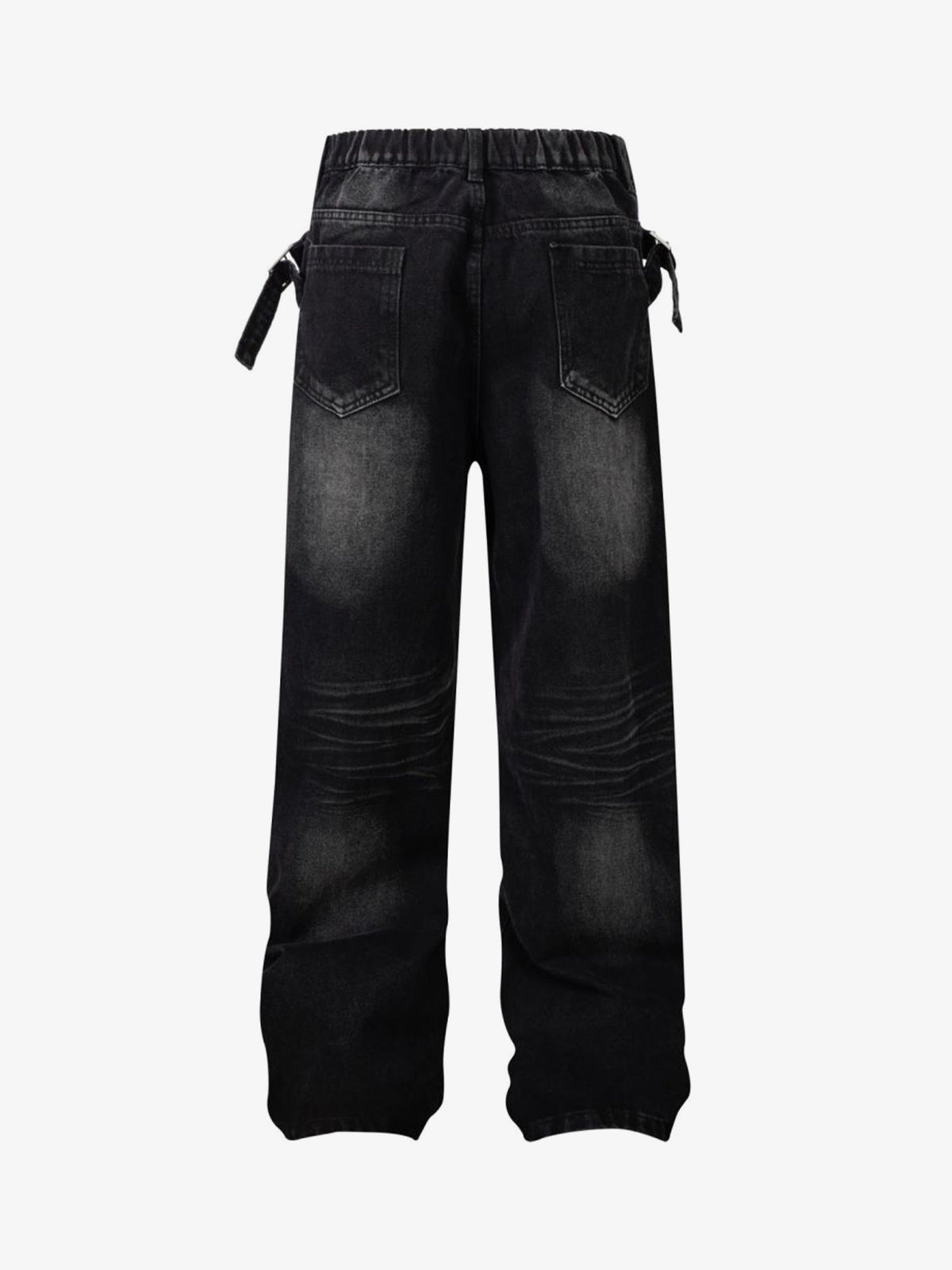 Relaxed Straight Jeans with Side Buckle Tabs – Washed Black, back view | XoKool