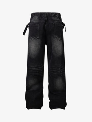 Relaxed Straight Jeans with Side Buckle Tabs – Washed Black, back view | XoKool