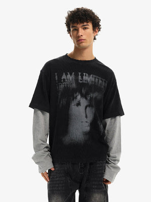 Washed Double Sleeve Shirt with Portrait Print – On model, black, front | XoKool