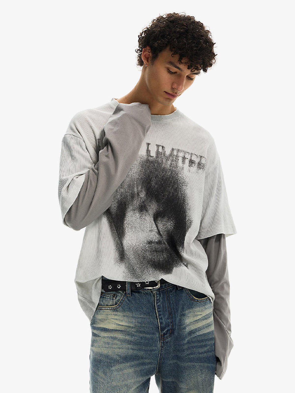 Washed Double Sleeve Shirt with Portrait Print – On model, light, front | XoKool