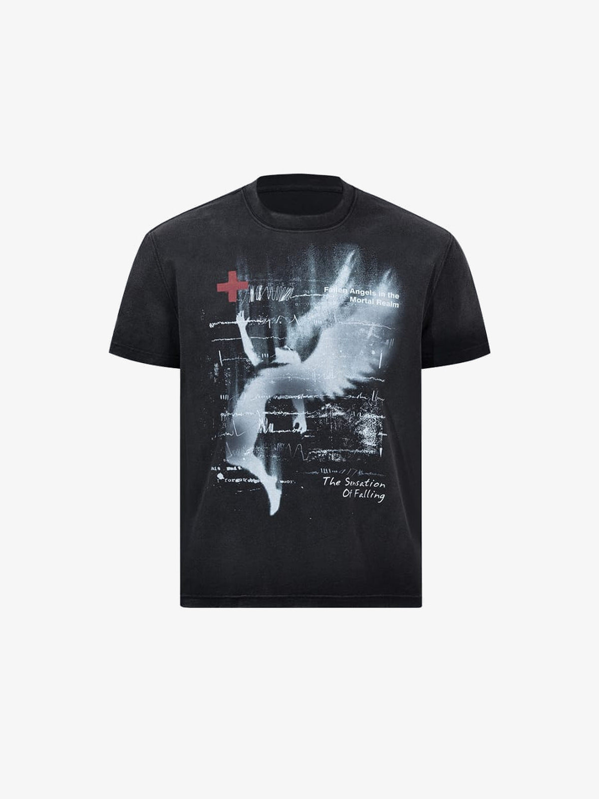 Washed Fallen Angel Graphic Tee – Black, front flat | XoKool
