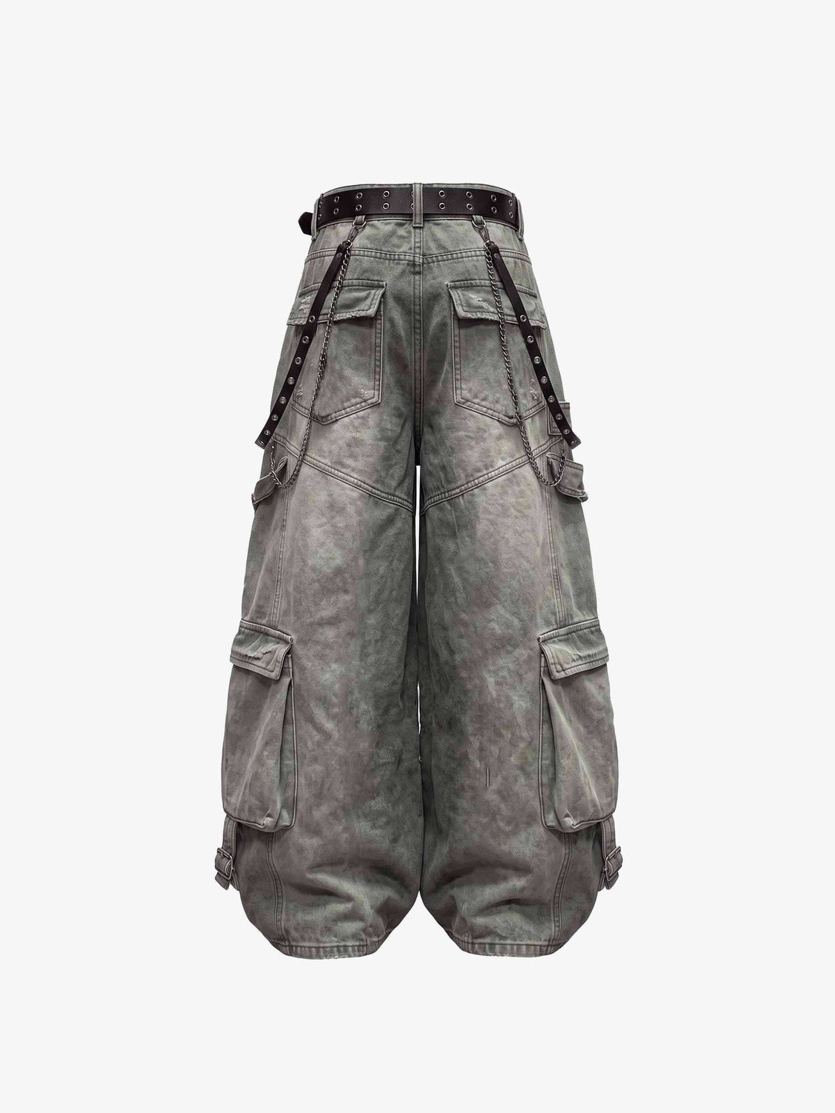 Washed Gothic Cargo Pants with Cross Print – Back flat | XoKool