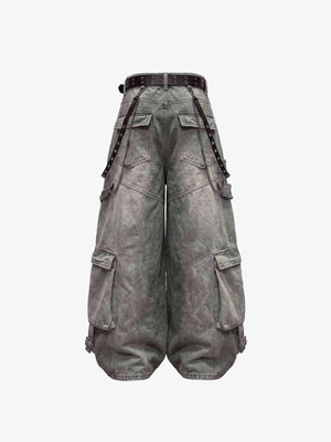 Washed Gothic Cargo Pants with Cross Print – Back flat | XoKool