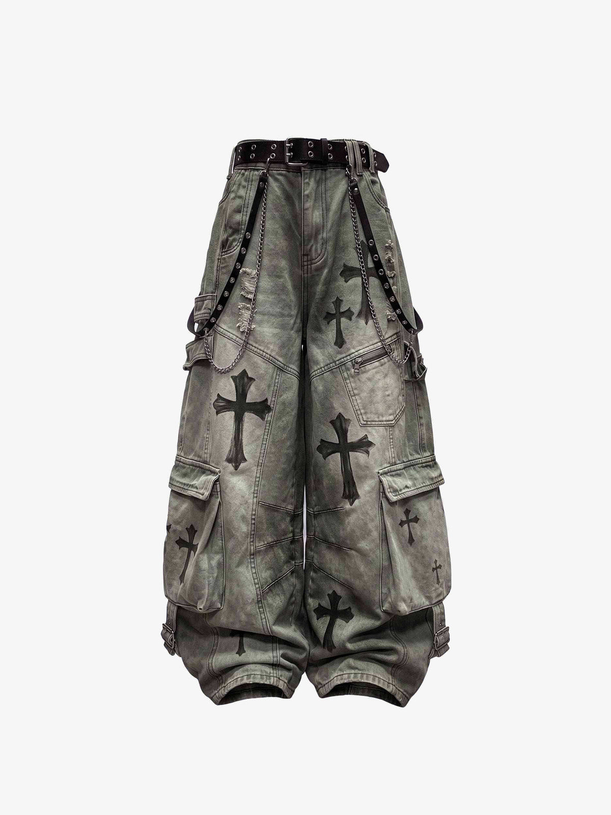 Washed Gothic Cargo Pants with Cross Print – Front flat | XoKool