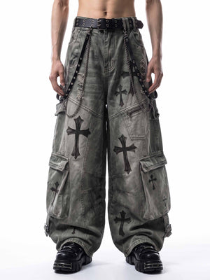 Washed Gothic Cargo Pants with Cross Print – On model front | XoKool